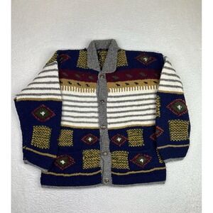 Tejidos Ecuador Sweater Womens Medium Multicolor 100% Wool Cardigan Tribal Knit